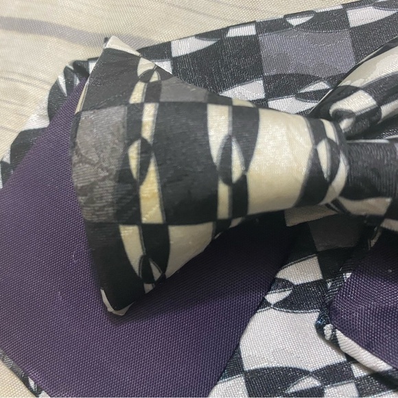 Mens Clip On 19” Long Neck Tie Black Silver Ivory Geometrical Squares Suit Tie - Picture 4 of 6